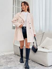 SHEIN PETITE Cổ áo Đôi ngực Áo khoác - Màu be - Xem 3