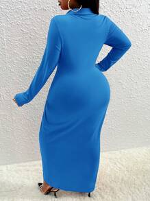 Slaydiva Plus Size Drawstring Front Detail Flip Design Dress - Blue - View 2