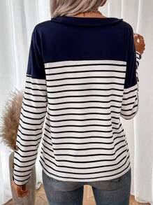 SHEIN LUNE 條紋印花紐扣細節T恤 - 藏蓝色 - 查看 2