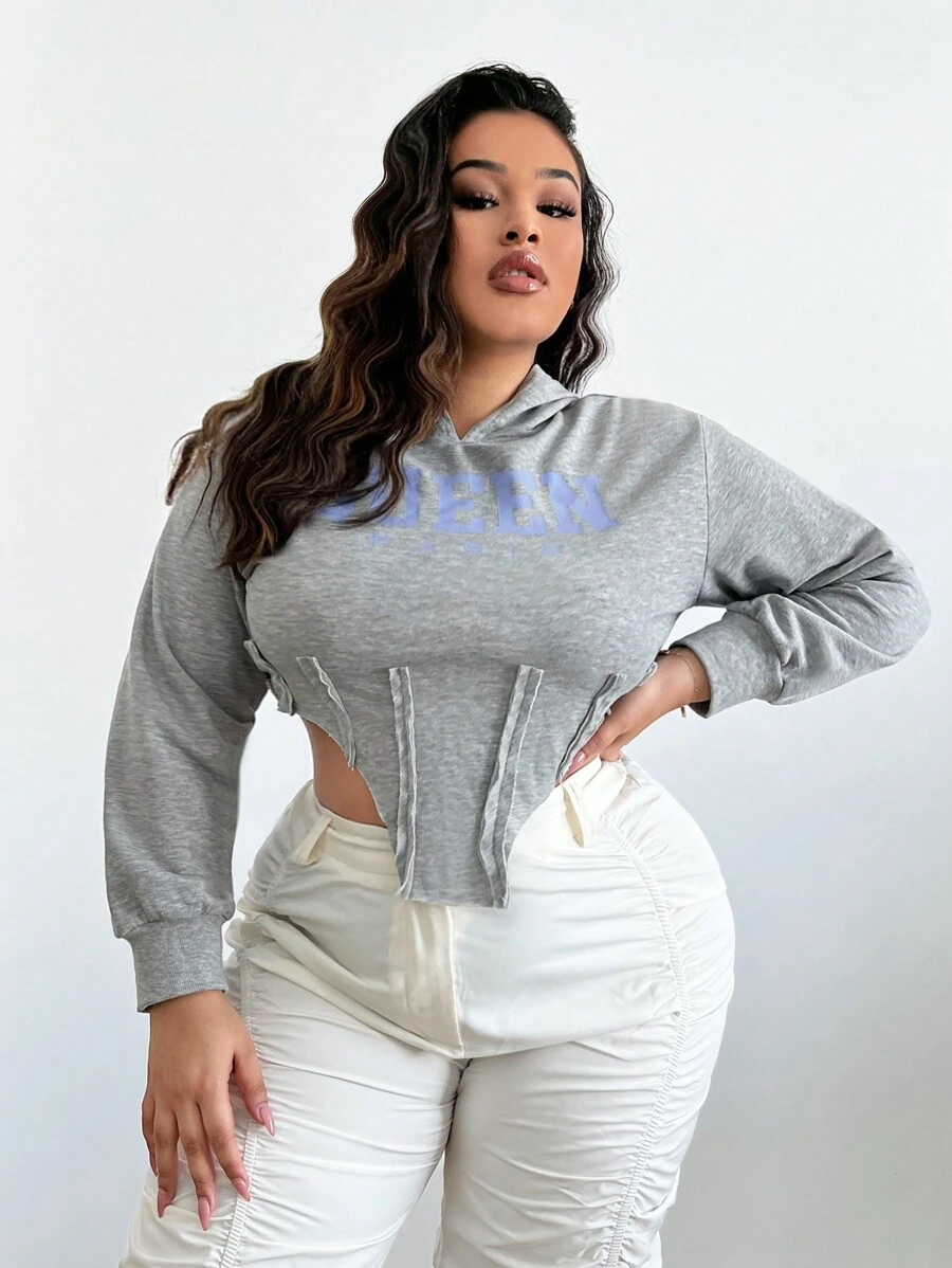 SHEIN SXY Áo nỉ cỡ lớn in chữ, vạt áo bất đối xứng - Màu Xám nhạt - Xem 1