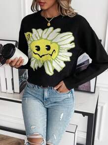 SHEIN LUNE Cartoon Pattern Drop Shoulder Knit Pullover Fall Winter Sweater - Black - View 6