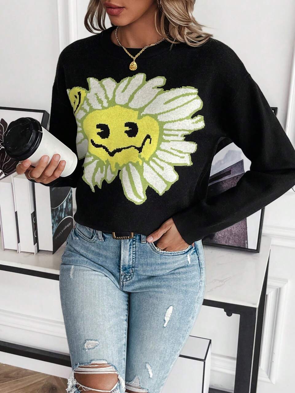 Cartoon Pattern Drop Shoulder Knit Pullover Fall Winter Sweater