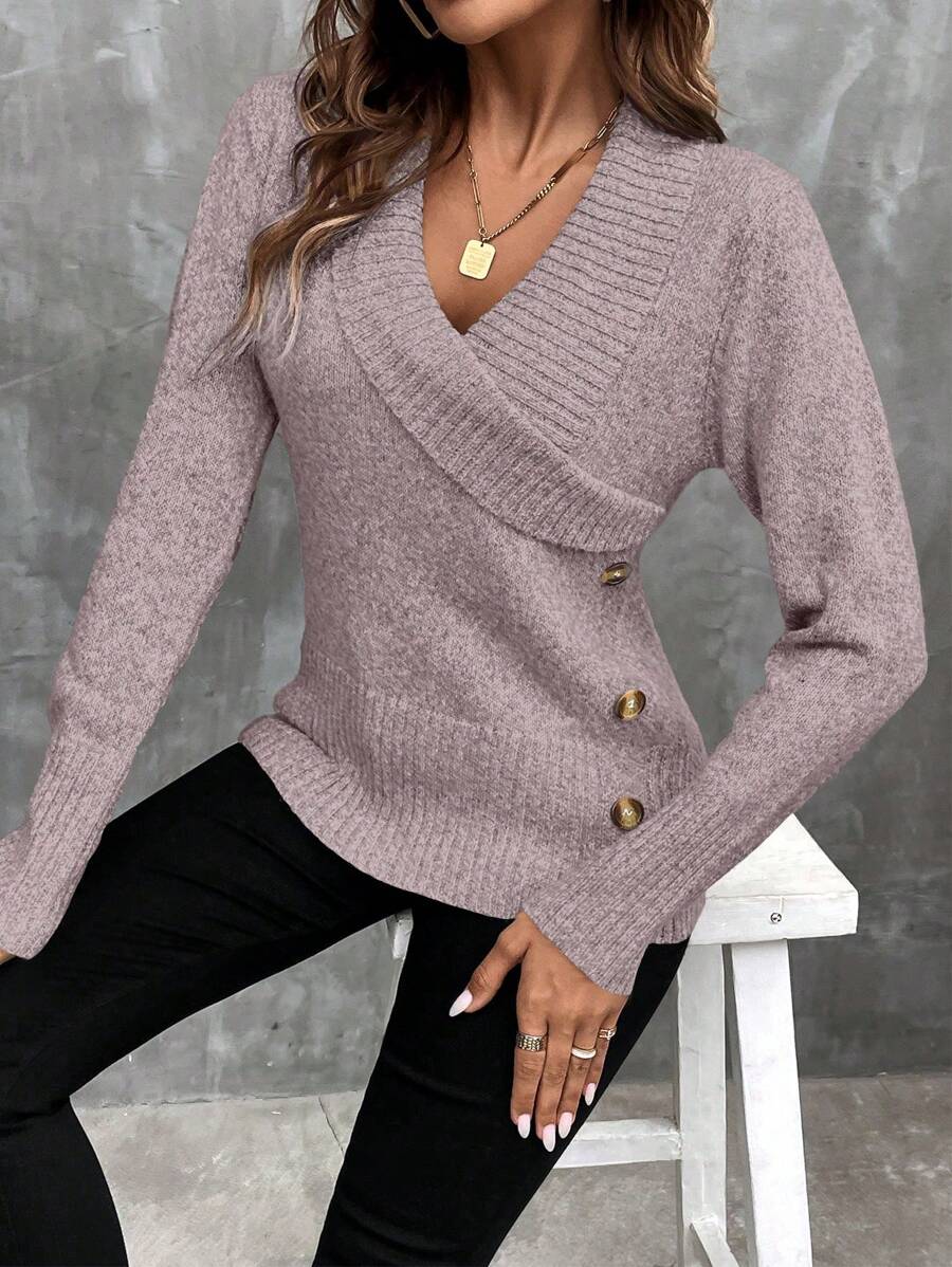 SHEIN LUNE Áo len trơn màu có chi tiết cúc, áo len dài tay kiểu chui đầu mùa thu đông. - Bụi hồng - Xem 1