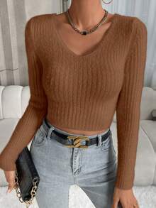 Chiquease 純色羅紋針織修身女款毛衣 - 咖啡棕 - 查看 3