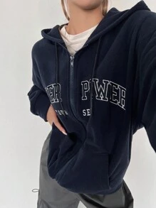 DAZY Women's Autumn/Winter Letter Embroidery Hooded Loose Casual Sweatshirt Jacket Zip Up - Navy Blue - View 2