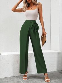 SHEIN Clasi Pantalones rectos unicolor con nudo lateral - Verde - Ver 1