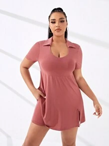 SHEIN Sports Plus Solid Split Hem Sports Dress - Burgundy - View 1