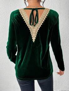 SHEIN LUNE 水溶蕾絲拼接後綁帶絲絨T恤 - 墨綠色 - 查看 4