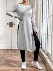 SHEIN Essnce Chất rắn Tách đùi Áo phông Dài - Xám - Xem 5