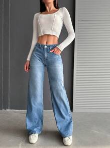 EURMUSE 100%Cotton Low Waist Wide Leg Medium Wash - Medium Wash - View 5