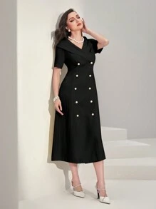 Modelyn Navy Style Double Breasted Dress With Lapel Collar - Black - View 3