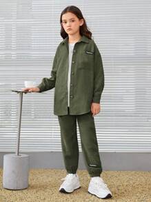 SHEIN Cô gái Tween Thư được vá Thả vai Áo sơ mi & Quần - xanh quân đội - Xem 3