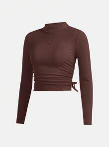 青少年爱心刺绣高领褶皱休闲长袖T恤 - 棕色 - 查看 5