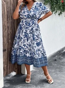 SHEIN LUNE Đầm Plus Size Viên lá sen Trọn gói Hoa Tất cả trên in Boho - Xanh và trắng - Xem 5