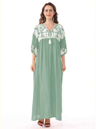 RAMADAN Blommig Broderad Patchwork Tofsar Nedsänkta Axlar Arabisk Elegant Klänning För Damer JALABIA 2025 Vår Sommar Eid Al Adha, Modest