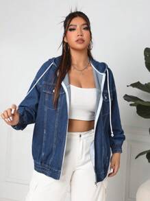 SHEIN EZwear Plus Size Women's Denim Jacket With Hood - Blue - View 1
