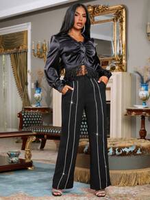 SHEIN SXY Rhinestone Detail Flare Leg Suit Pants - Black - View 5