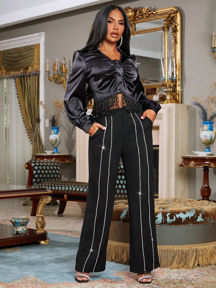 Rhinestone Detail Flare Leg Suit Pants