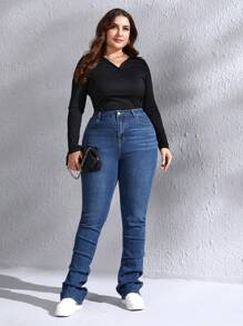 SHEIN LUNE Plus High Waist Solid Jeans - Dark Wash - View 3