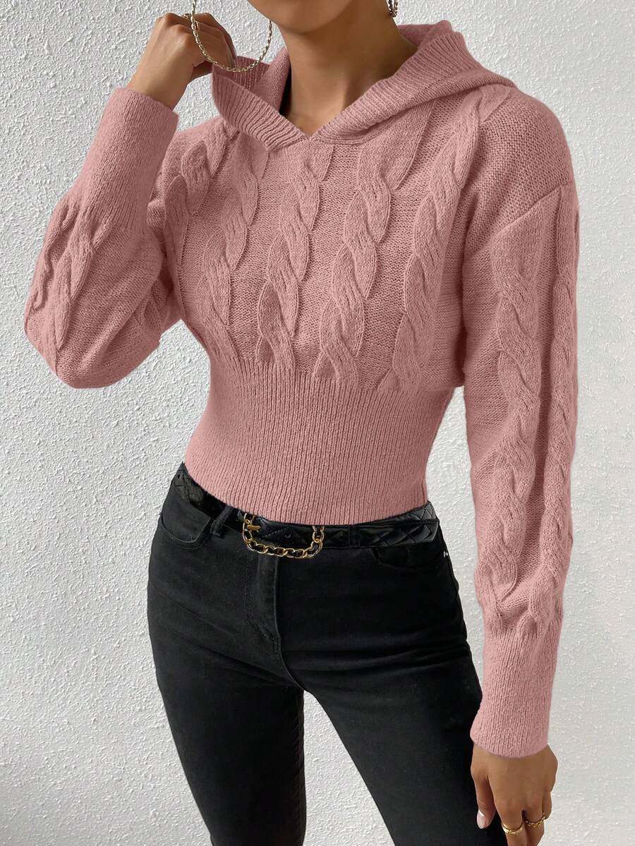 SHEIN Essnce Cable Knit Drop Shoulder Hooded Sweater - Pink - View 1