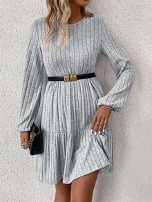 SHEIN Clasi 氣球袖圓領針織長袖連身裙 - 淺灰色 - 查看 6