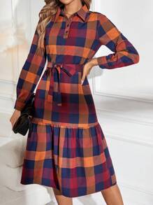 EMERY ROSE Plaid Print Ruffle Hem Belted Shirt Dress - Orange - View 1