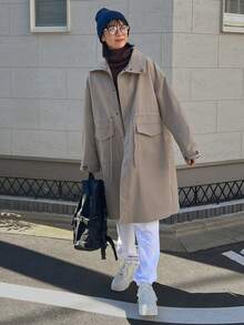 FRIFUL Túi có nắp Thả vai Áo khoác Trench - màu xanh lá - Xem 4