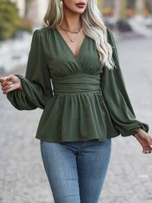 SHEIN Clasi Lantern Sleeve Shirt With Waist Pleats And Ruffled Hem Peplum Top
