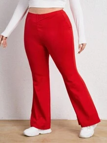 SHEIN EZwear Plus Solid Ruched Flare Leg Leggings - Red - View 3