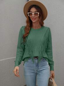 SHEIN LUNE 女款長袖流蘇毛衣 - 綠色 - 查看 3