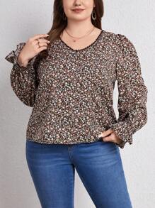 SHEIN Frenchy 大碼碎花水溶蕾絲拼接喇叭袖襯衫 - 黑色 - 查看 4