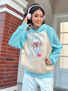 SHEIN EZwear 狗狗&字母圖案插肩袖抽繩連帽衫 - 藍色 - 查看 1