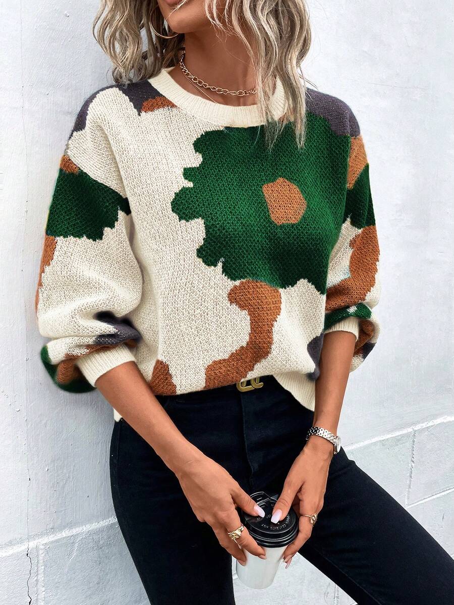 SHEIN LUNE 花朵印花落肩袖套頭毛衣 - 綠色 - 查看 1