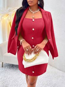 SHEIN Slayr 純色吊帶洋裝和單扣西裝外套 - 紅色 - 查看 1