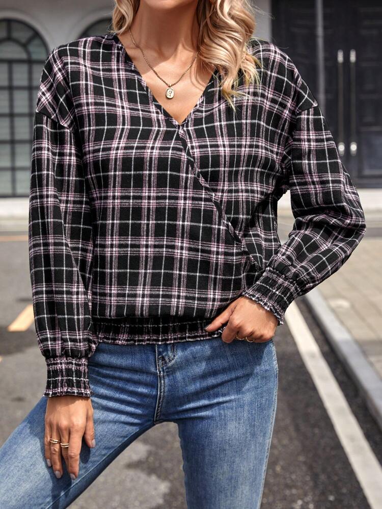 Plaid Print Turn-down Collar Button Up Shirt With Rolled Up Sleeves