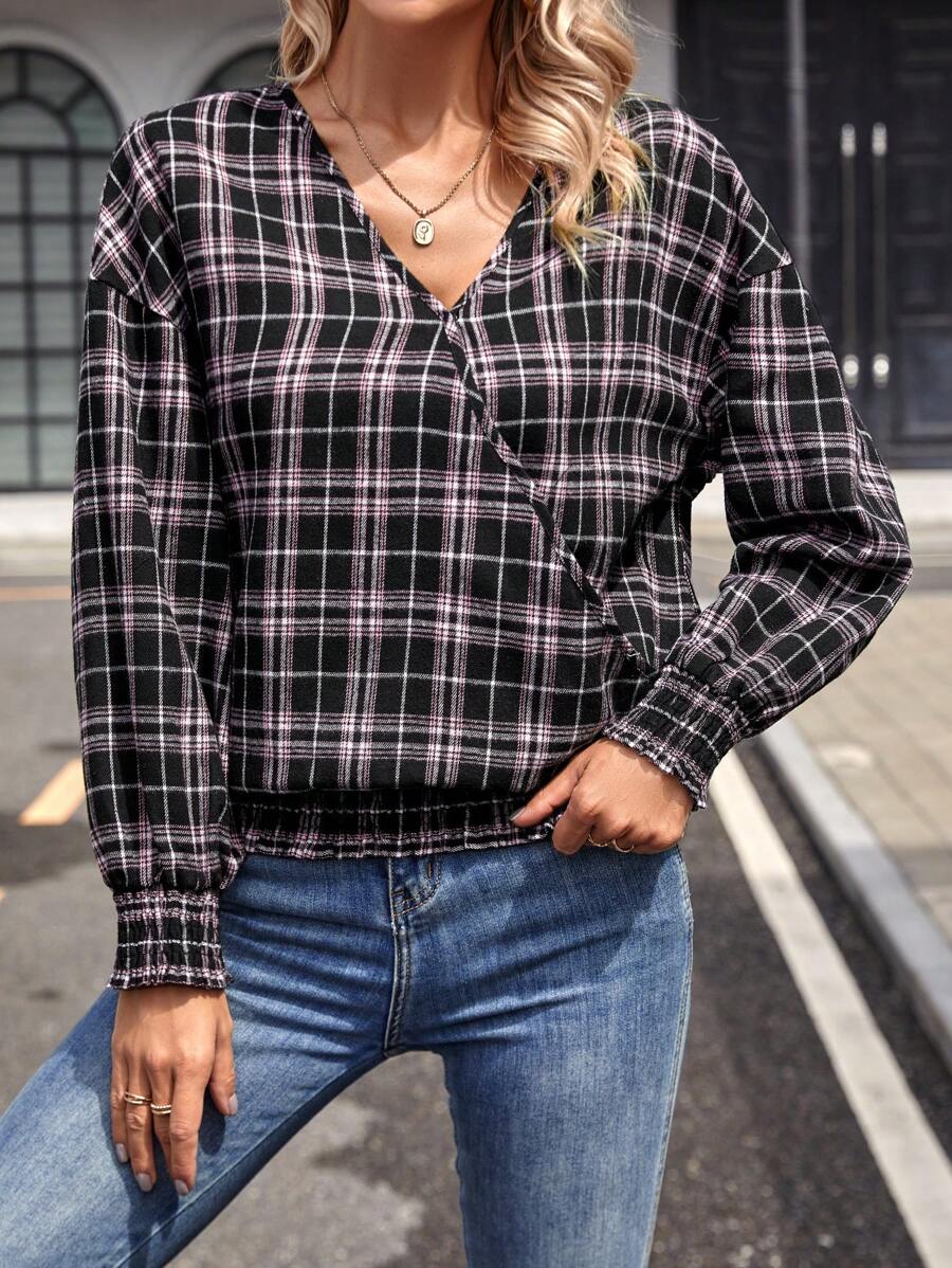 SHEIN LUNE 格紋襯衫,撞色插肩翻領設計,可卷起袖子的鈕扣襯衫 - 彩色 - 查看 1