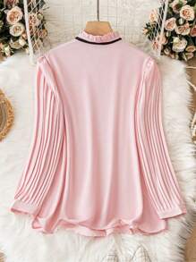 SHEIN LUNE 大碼繫帶領百褶細節褶邊繫帶領泡泡袖襯衫 - 粉色 - 查看 2