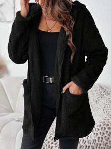 SHEIN LUNE Dual Pocket Hooded Teddy Coat In Fall/Winter - Black - View 6
