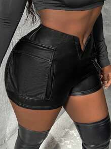 Slaydiva Women's PU Leather Shorts - Black - View 4
