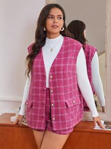 SHEIN Frenchy 大碼格紋印花背心和短褲2入組/套 - 彩色 - 查看 4