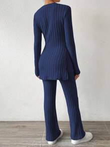 EMERY ROSE 罗纹针织开叉下摆 T 恤和裤子，女士春/秋休闲罗纹针织，开叉长袖修身皇家蓝常规袖 T 恤裤女式两件套服装，休闲日常穿着 - 寶藍色 - 查看 2