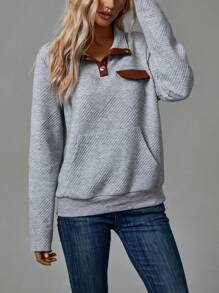 SHEIN LUNE Contrast Trim Kangaroo Pocket Sweatshirt - Grey - View 4