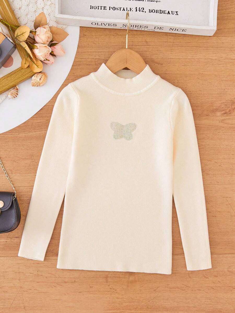 SHEIN Tween Girl Butterfly Pattern Mock Neck Sweater - Apricot - View 1