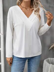 SHEIN LUNE V領長袖上衣 - 白色 - 查看 3
