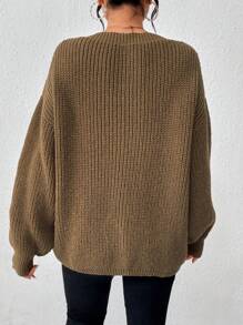 SHEIN Essnce Drop Shoulder Ribbed Knit Sweater - Khaki - View 2
