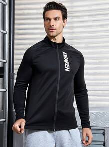 Manfinity Sport Corelite 男式字母印花运动夹克 运动上衣 运动夹克 - 黑色 - 查看 1