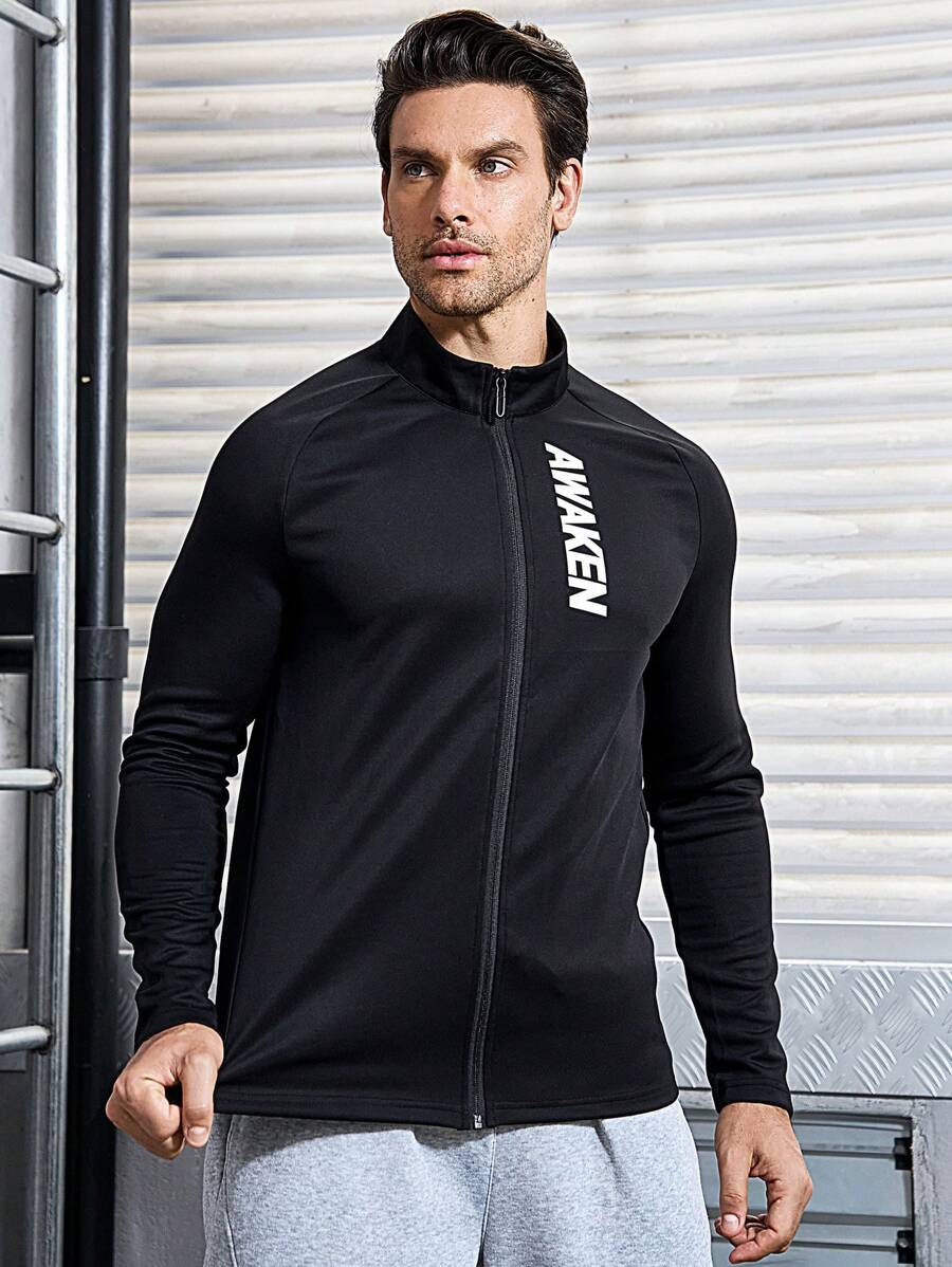 Manfinity Sport Corelite 男式字母印花运动夹克 运动上衣 运动夹克 - 黑色 - 查看 1