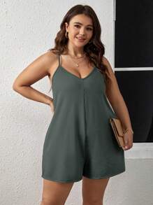 SHEIN Clasi Plus 純色斜袋吊帶背心連身褲 - 橄欖綠 - 查看 6