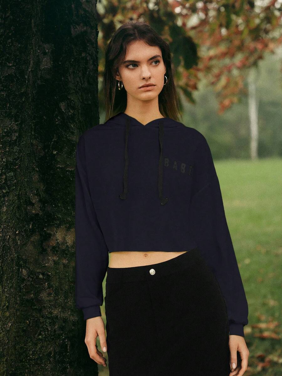 SHEIN EZwear Capucha crop de hombros caídos con cordón - Azul Marino - Ver 1