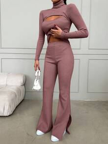 RueChic Cổ cao Xu hướng: Cắt giảm Áo thun Và Quần - Bụi hồng - Xem 4